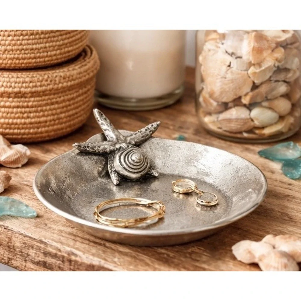 Metal Trinket Change Dish Silver Color Water Fish 7 inches Textured Footed Cute